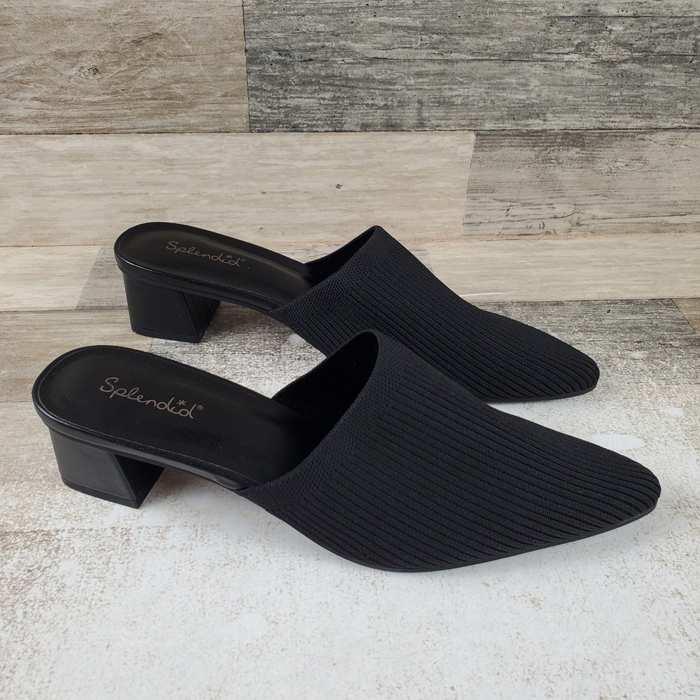 Splendid Lunelli Women Mule Sz 9 Black Ribbed Knit Pointy Toe Block Heel Slip On
